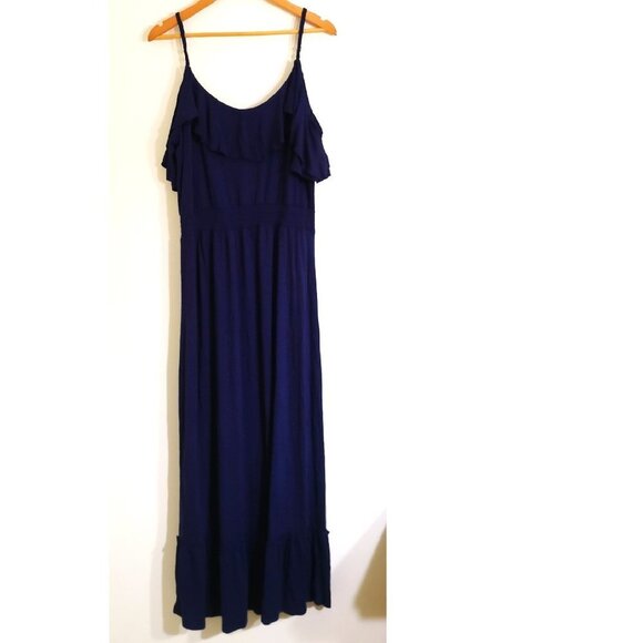Michael Kors Women's Cold-shoulder Ruffle Stretch Maxi Dress Navy Blue Size L - Picture 5 of 9